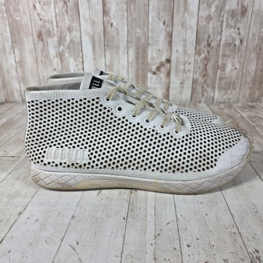 NOBULL Mens Perforated Leather Mid Trainer White Training Shoes Gym Sneaker